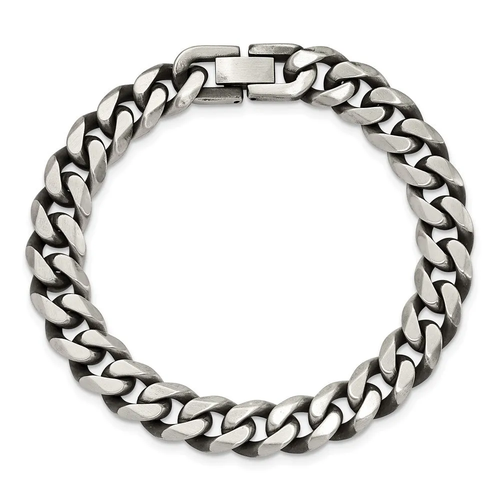 10.5mm Stainless Steel Antiqued Beveled Curb Chain Bracelet, 8.5 Inch