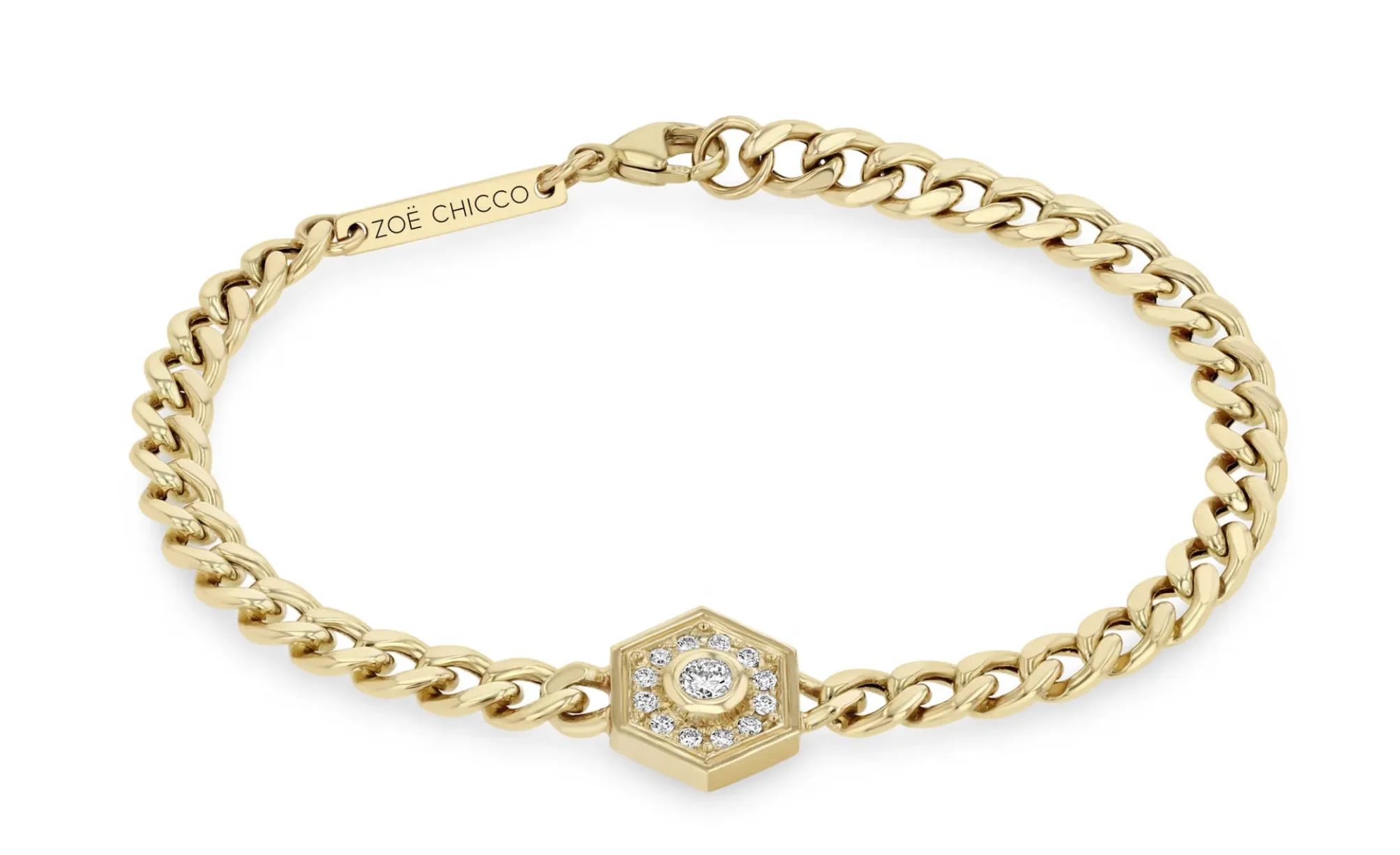 14K MEDIUM CURB CHAIN DIAMOND HEXAGON HALO BRACELET