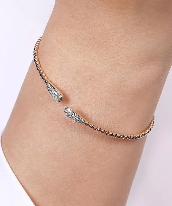 14K Rose Gold Bujukan Bead Cuff Bracelet with Diamond Pave Teardrops