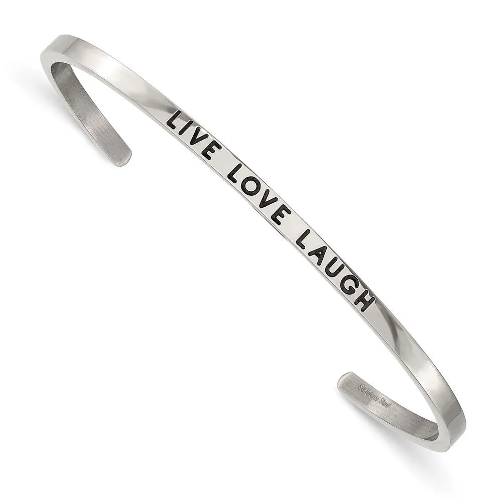 3mm Stainless Steel Enamel & Crystal LIVE LOVE LAUGH Cuff Bracelet