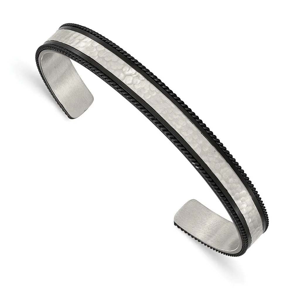 8.5mm Stainless Steel & Black Plated Hammered Cuff Bracelet, 7.25 Inch