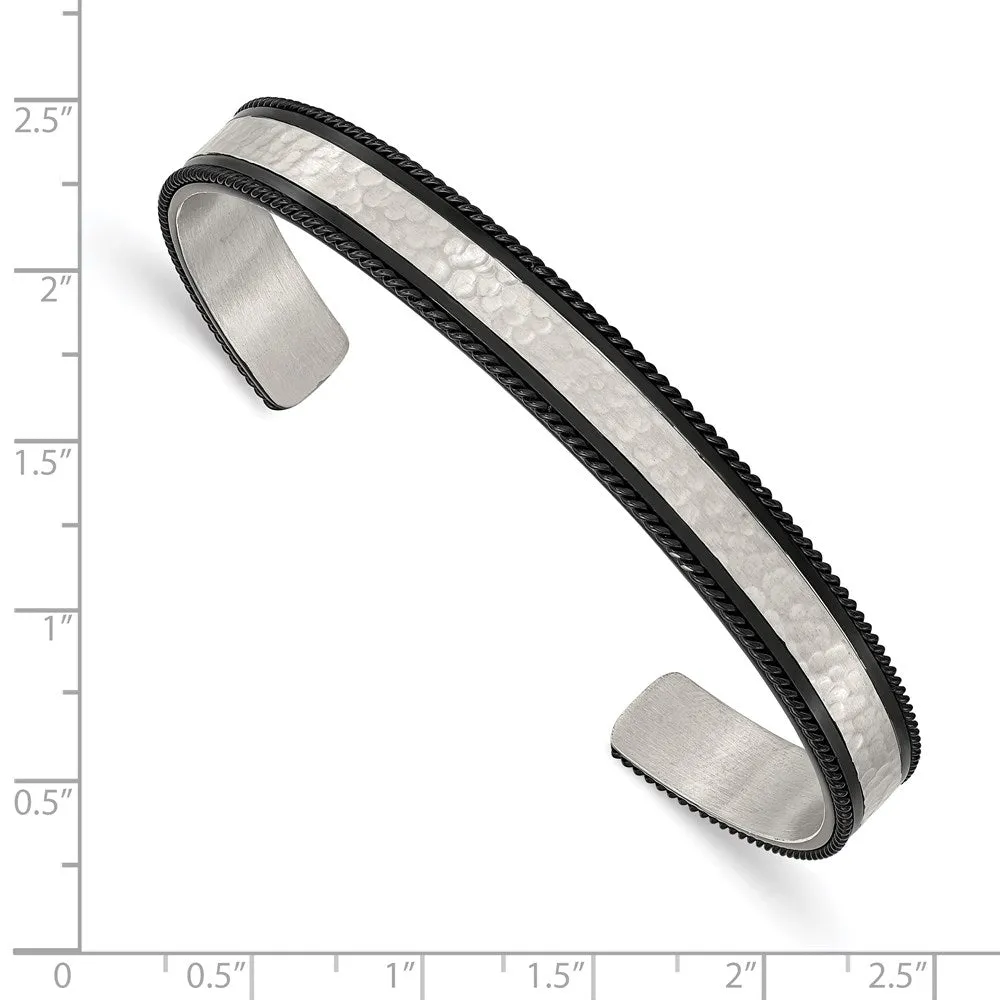 8.5mm Stainless Steel & Black Plated Hammered Cuff Bracelet, 7.25 Inch