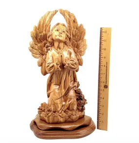 Angel with Wings Praying, 14.5 Carved Statue from Holy Land Olive Wood