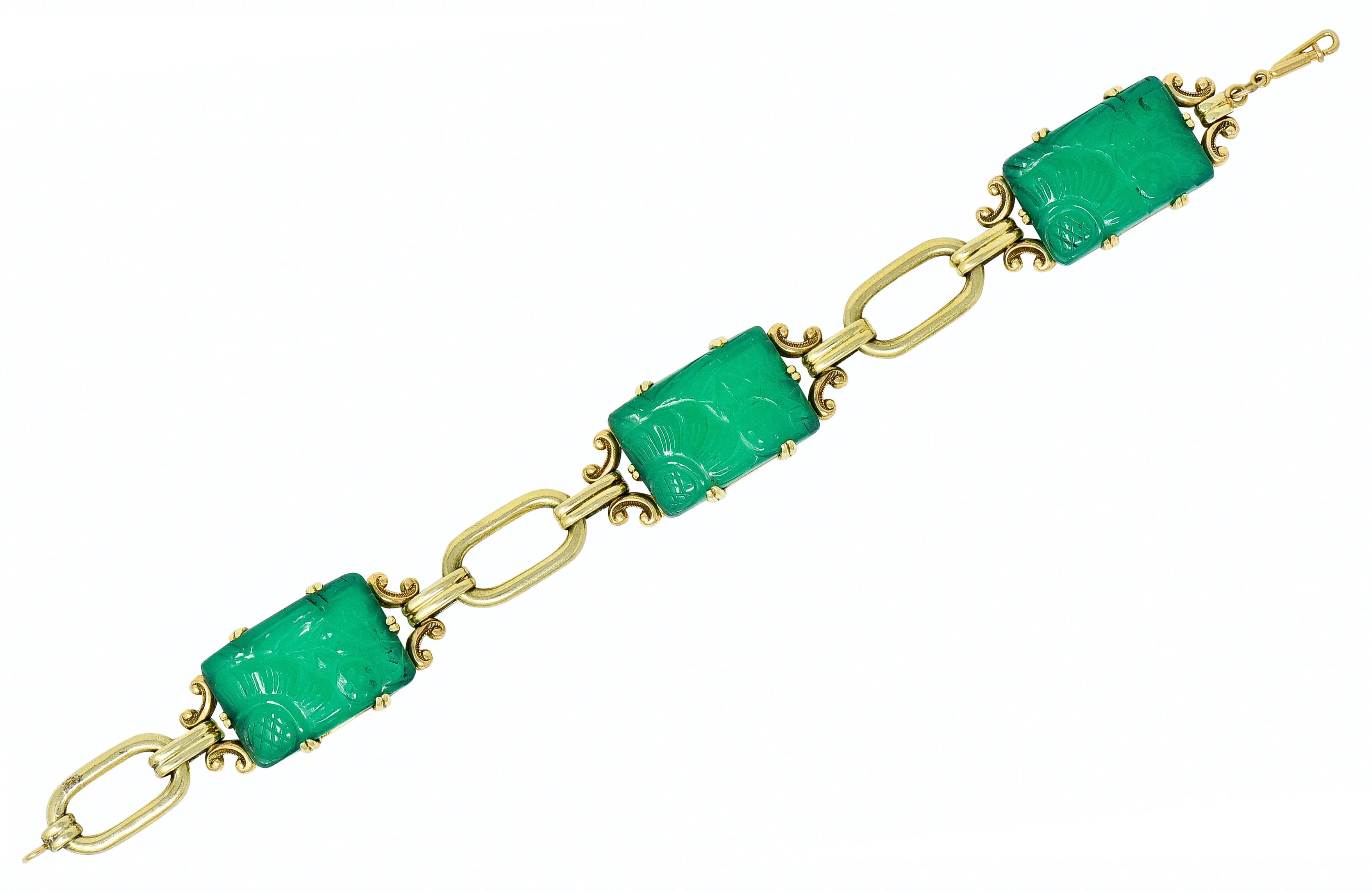 Art Deco Carved Chrysoprase 14 Karat Gold Link Bracelet Circa 1930