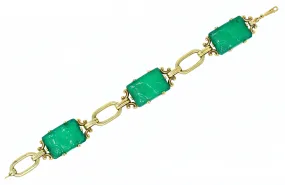 Art Deco Carved Chrysoprase 14 Karat Gold Link Bracelet Circa 1930