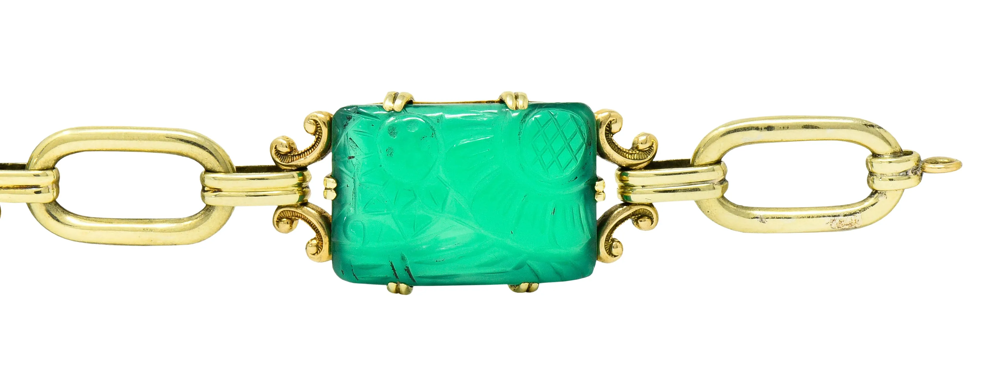 Art Deco Carved Chrysoprase 14 Karat Gold Link Bracelet Circa 1930