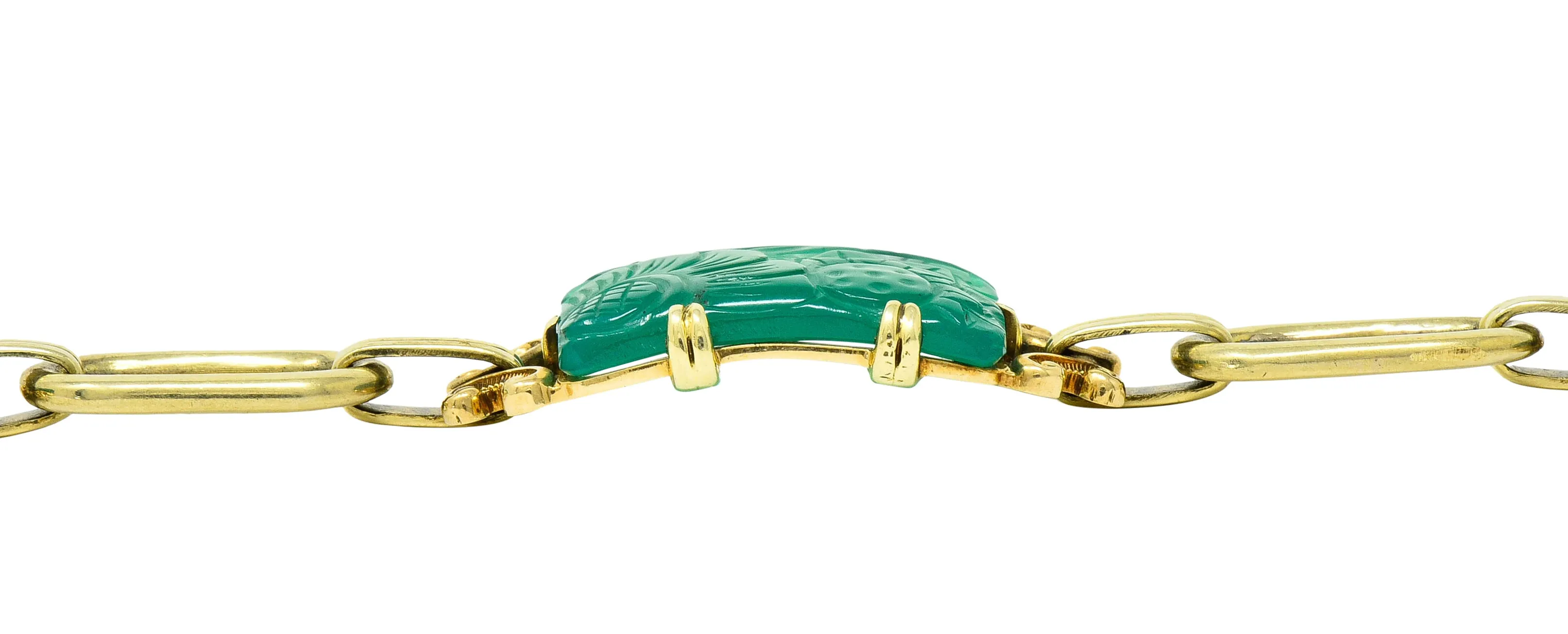 Art Deco Carved Chrysoprase 14 Karat Gold Link Bracelet Circa 1930