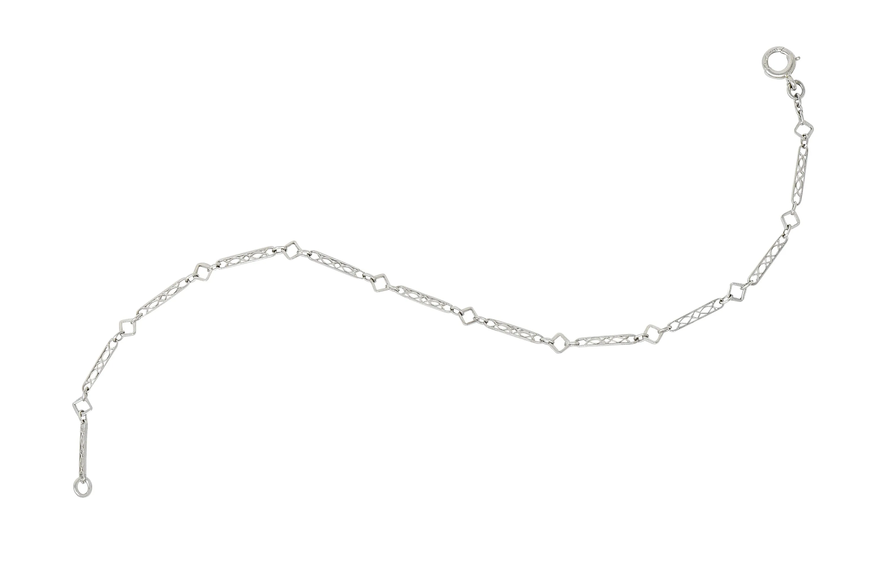 Art Deco Platinum Geometric Bar Link Chain Charm Bracelet