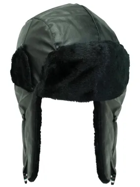 Black Pleather Aviator Cap Hat With Faux Fur Trim