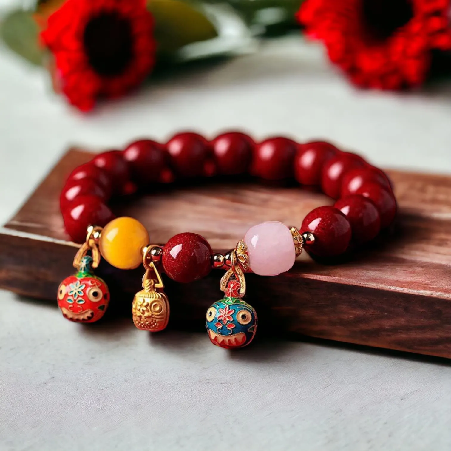 BLING Wealth Fetching Beast Lucky Charm Cinnabar Beads Bracelet