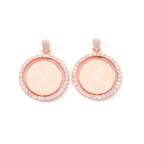 Cabochon Setting, Alloy, Rotatable Double-Sided Tray, Pendant Base, With Crystal Rhinestones, Flat, Round, Rose Gold, Fits 30mm