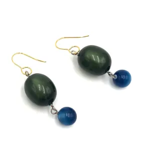 Dark Olive Green & Sapphire Blue Moonglow Statement Earrings