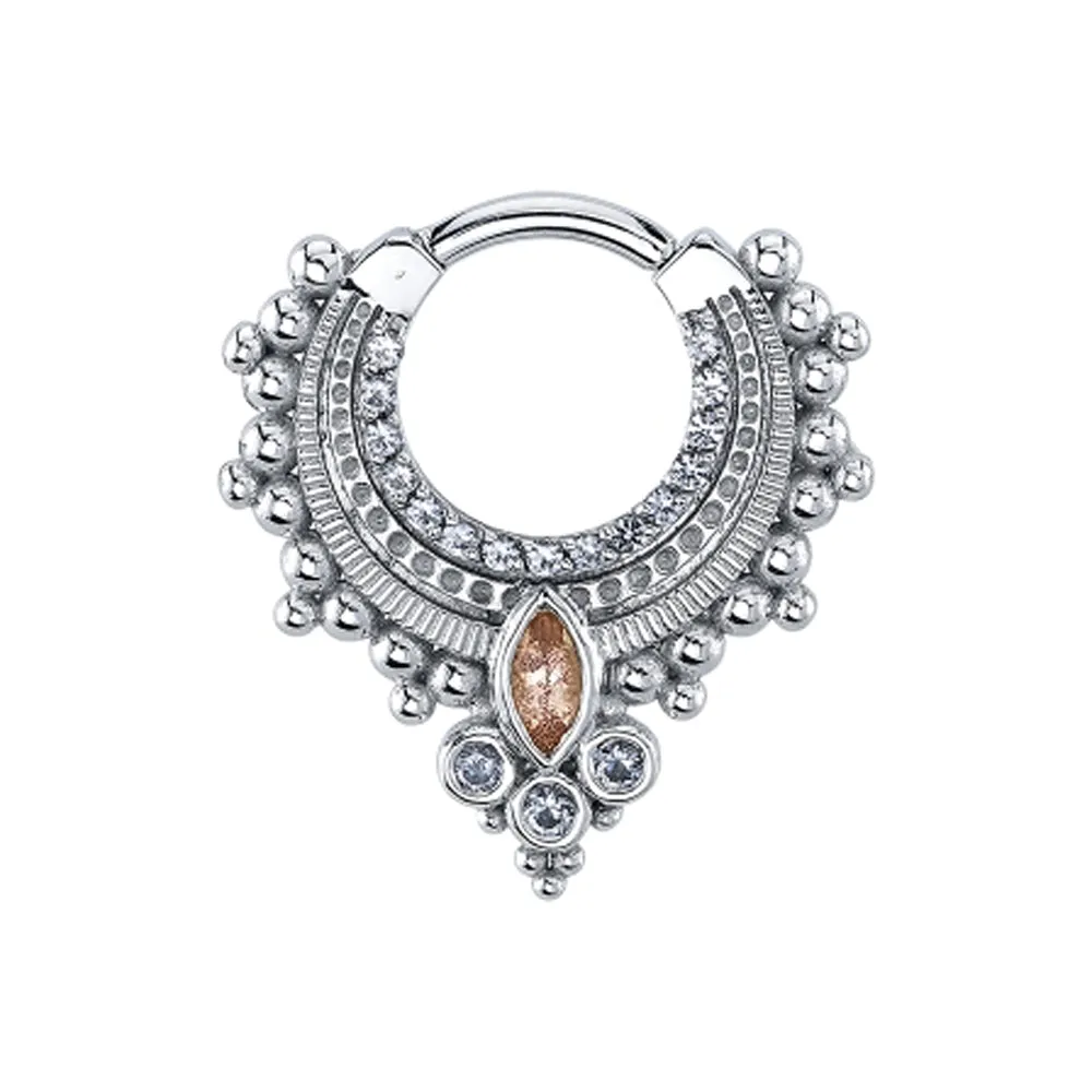 Dionysus Hinge Ring in Gold with Grey CZ's & Oregon Sunstone