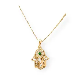 Fatima’s hand green cz stones necklace chain in 18k of gold plated