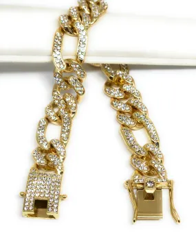 Gold Plated FIGARO ICED OUT CZ Bracelet 8 13MM Width