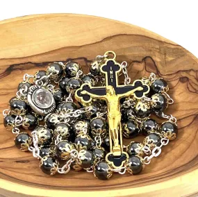 Rosary with Heavy Black Stones, Metal Chain and Gold Plated Corpus on Crucifix