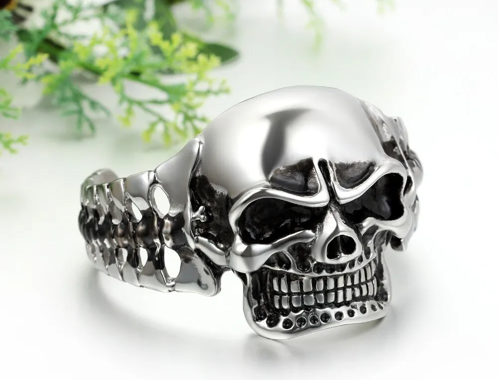 Stainless Steel Heavy Skull Cuff Bracelet