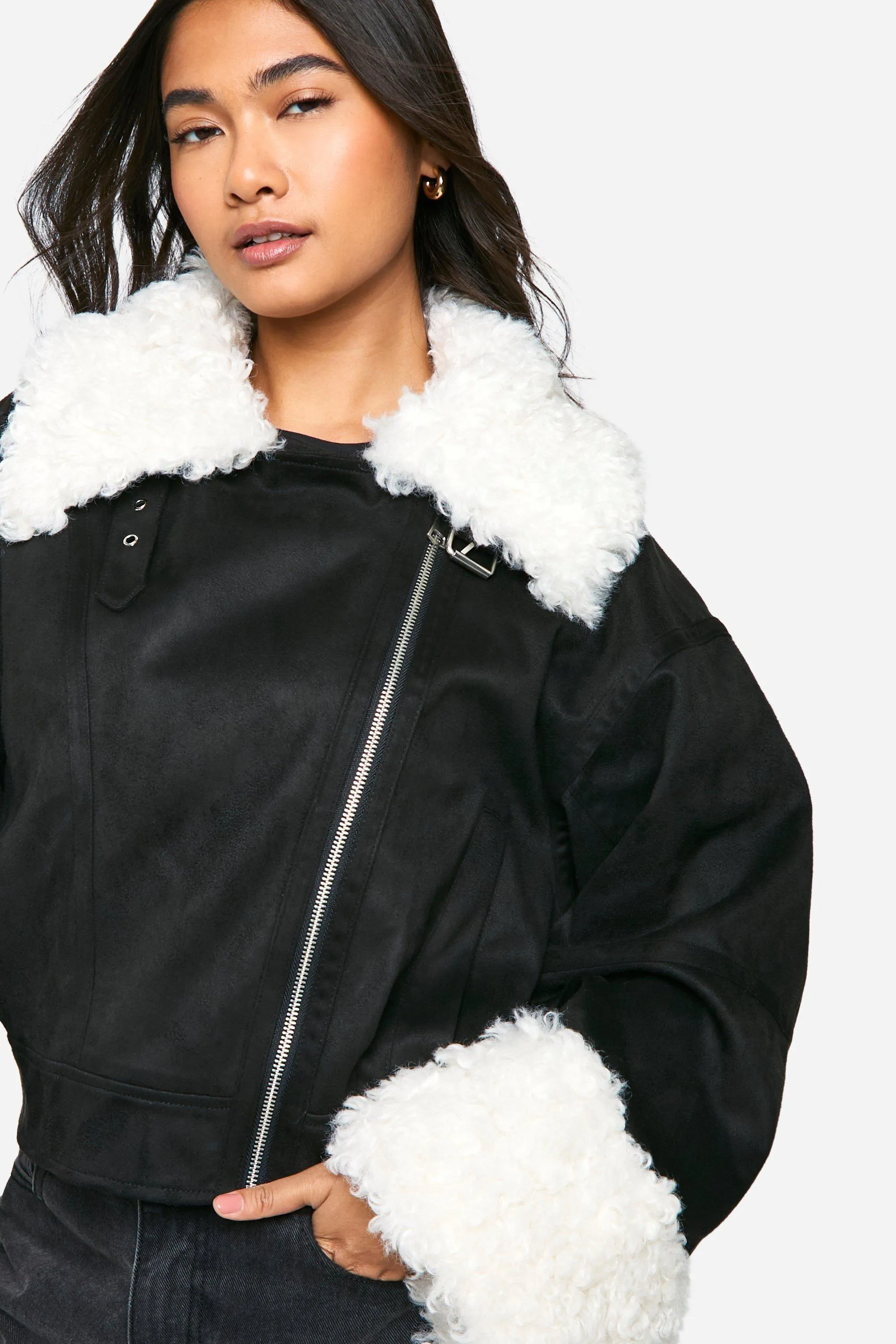 Teddy Faux Fur Trim Biker Jacket