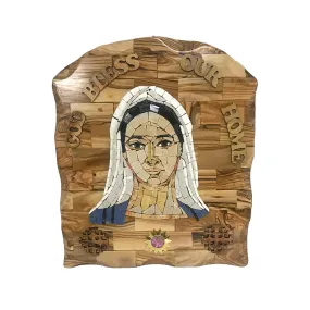 Virgin Mary Stone Mosaic on Olive Wood Plaque, 13.5