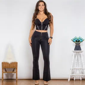 Women's Black Zipper Crop Top High Waist Flare Push-Up Shaper Set