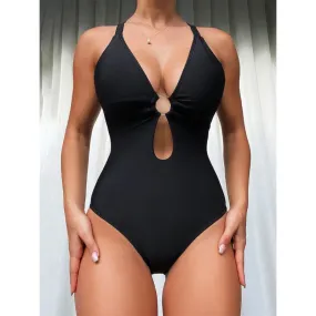 Women's Luxury Solid Cut Out Backless Tummy Control One Piece Swimsuit